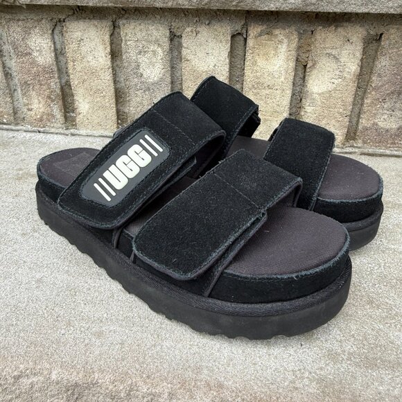 UGG PLATFORM GREER SLIDE SANDAL 7 Women's Logo Shoe Open Toe Slip On Black - Picture 5 of 9